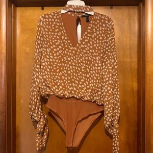 Forever 21 Brown and White Polka Dot Bodysuit Top